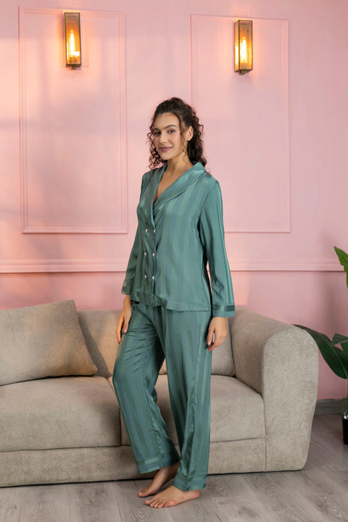 Striped Teal Green Satin Shirt & Pajama Set