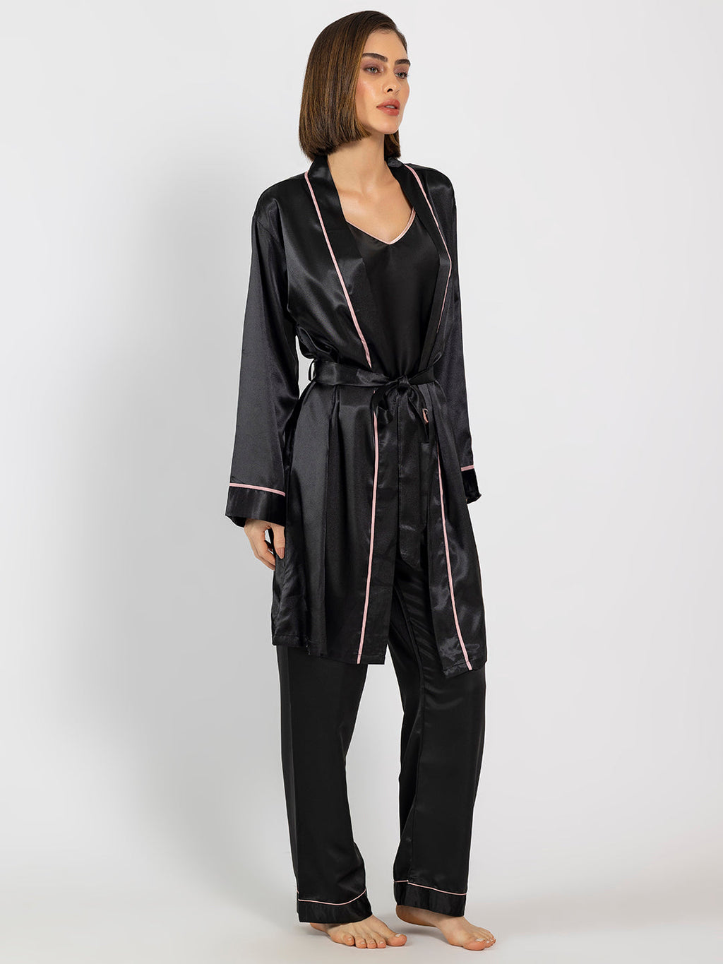 Black Collared Satin Full Sleeves Robe