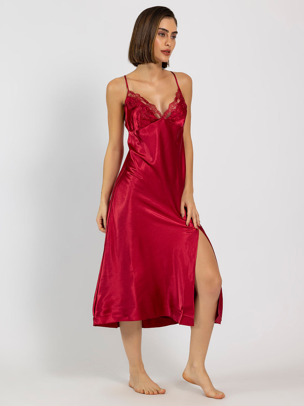 Satin Red Embroidered Midi Slip NightDress