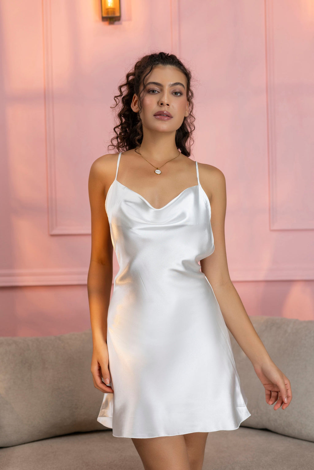 White Satin Cowl Neck Slip NightDress