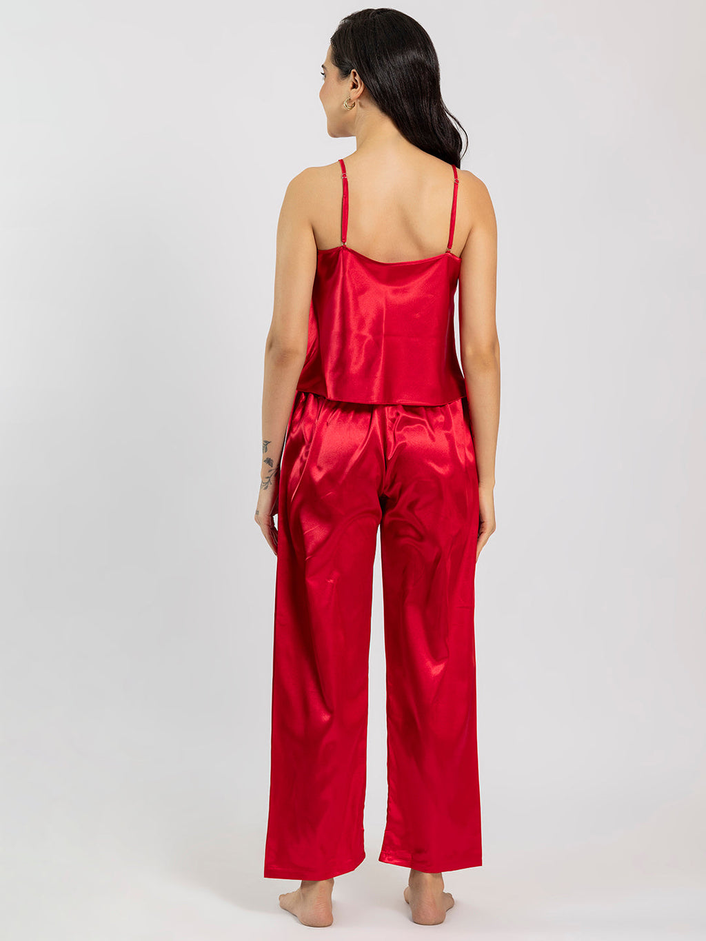 CHELVET Red Satin Camisole & Pajama Set
