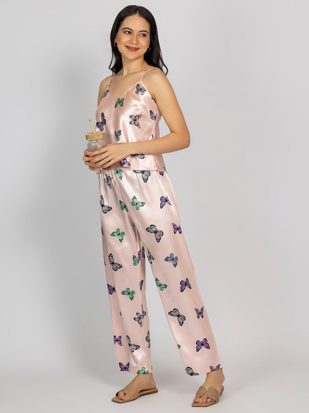 Light Pink Satin Butterfly Print Camisole & Pajama Set