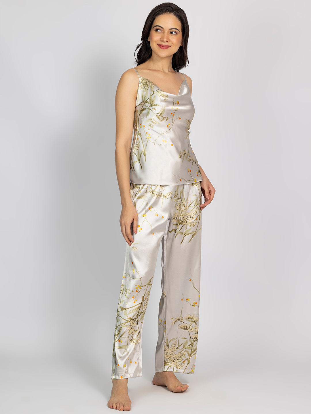 Grey Satin Printed Camisole & Pajama Set