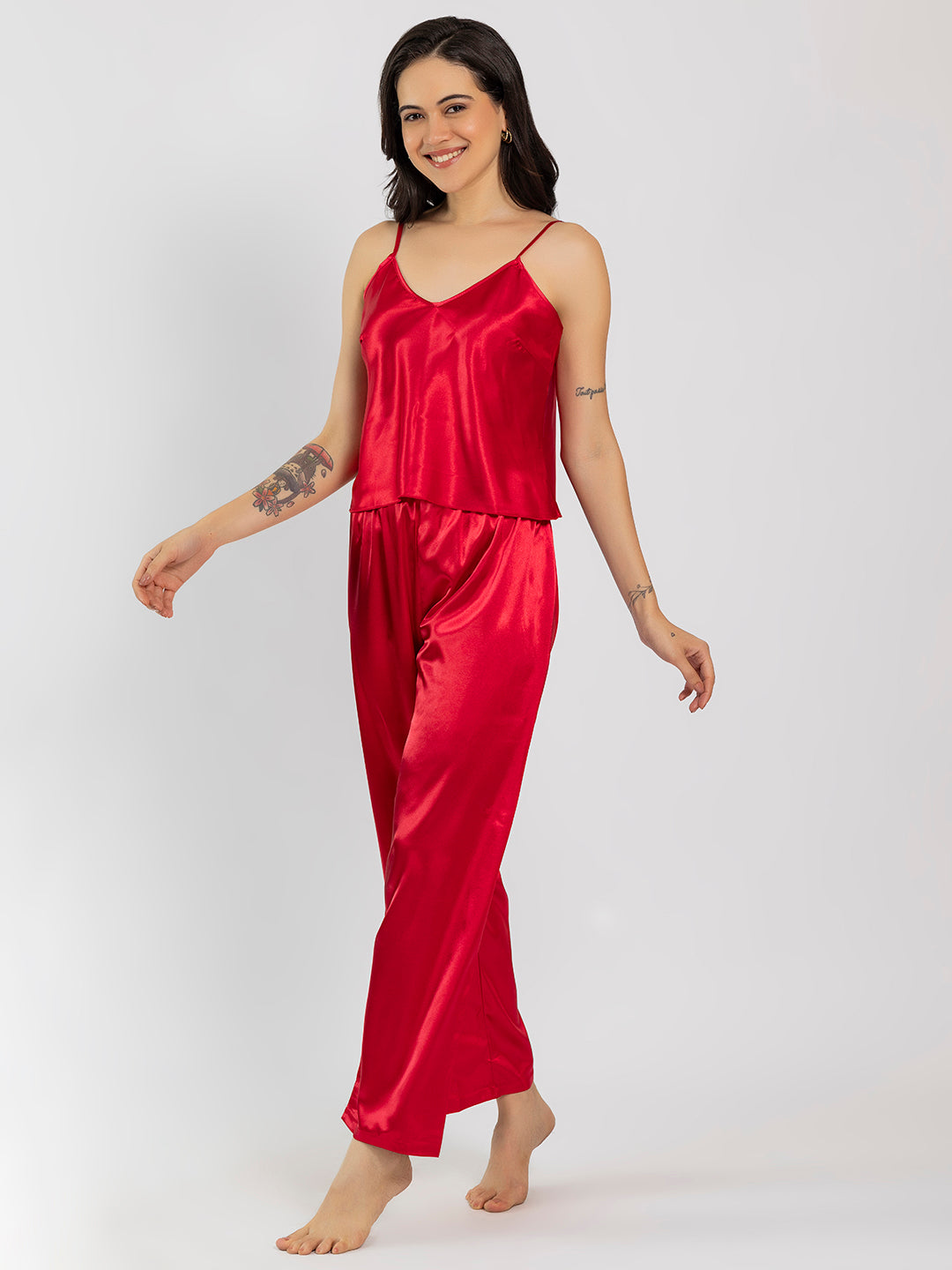 CHELVET Red Satin Camisole & Pajama Set