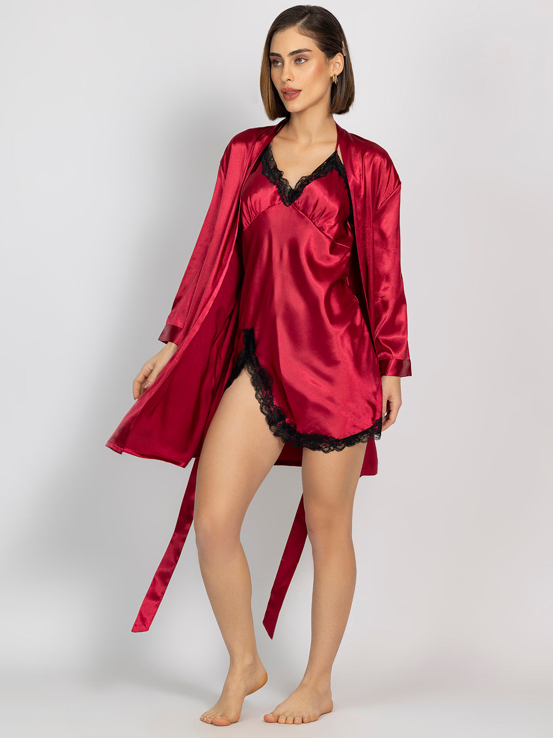 Red Satin Short Dress with Full-Sleeve Robe Set