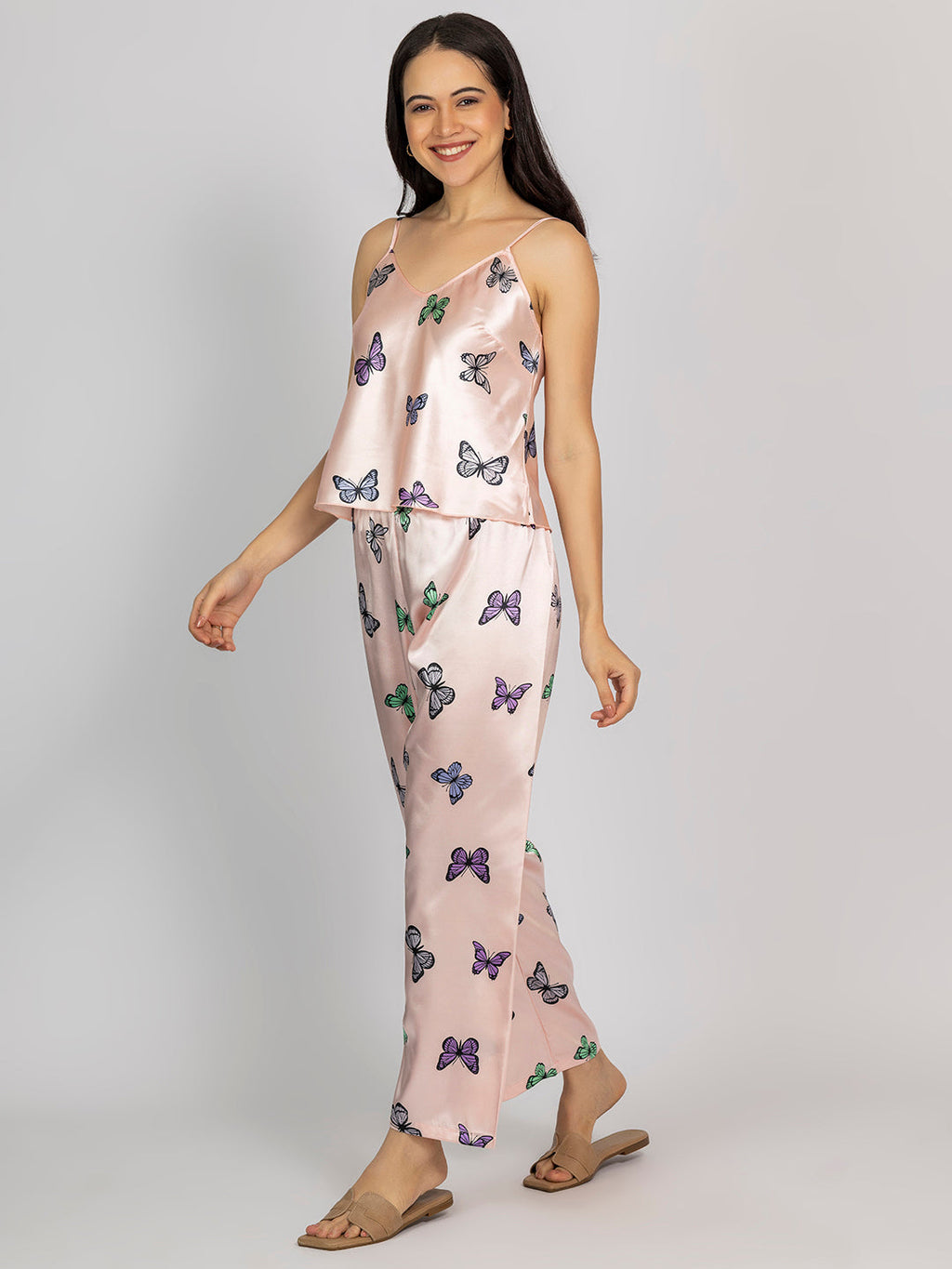 Light Pink Satin Butterfly Print Camisole & Pajama Set