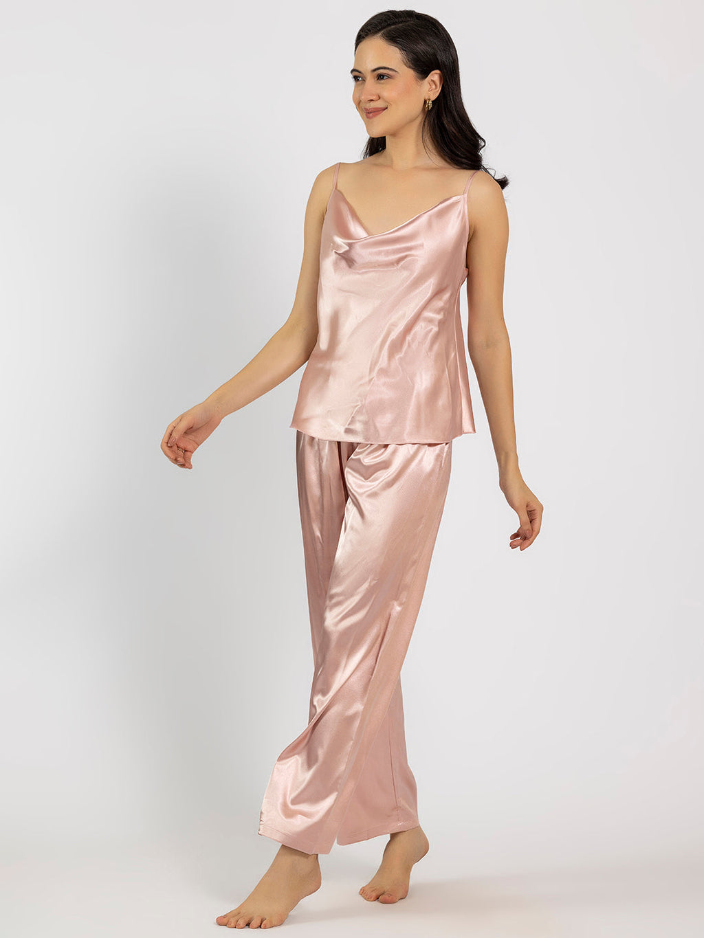 Pink Satin Cowl Neck Camisole & Pajama Set