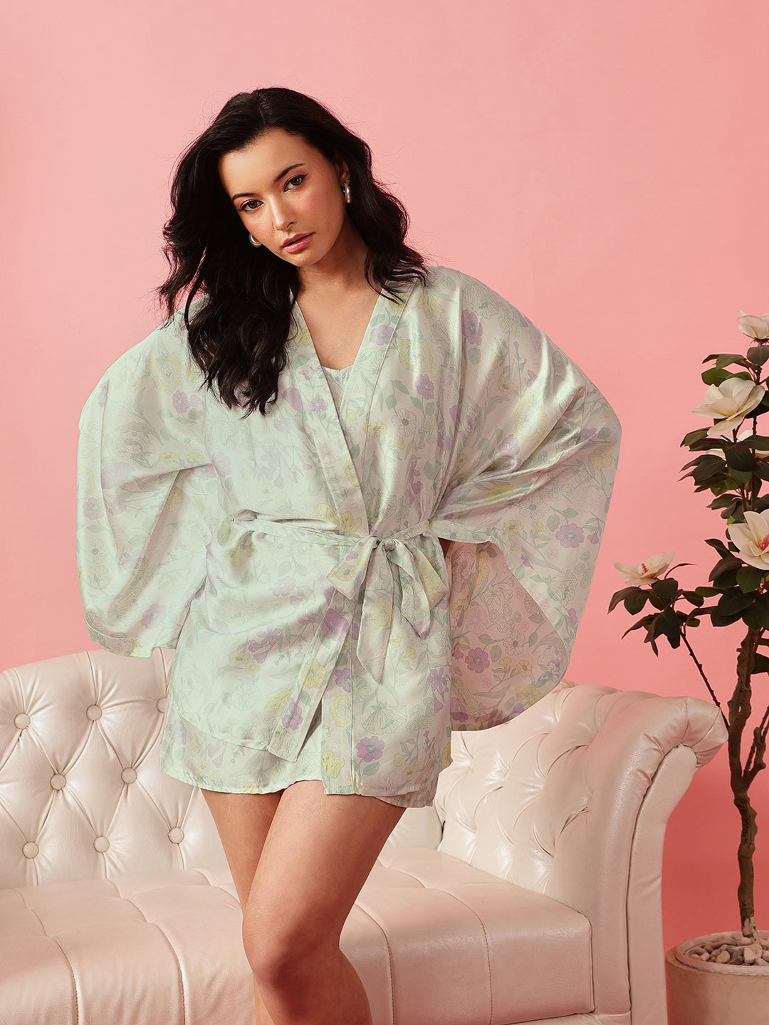 Floral Strappy Nightdress & Full Sleeve Robe Set