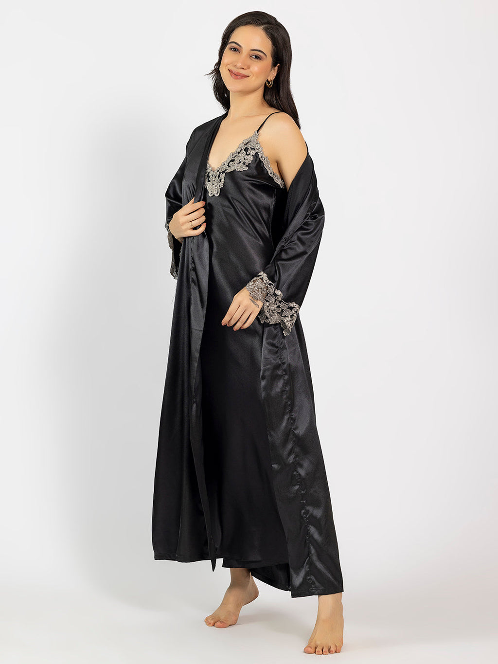 Black Maxi Night Dress with Full-Sleeve Robe