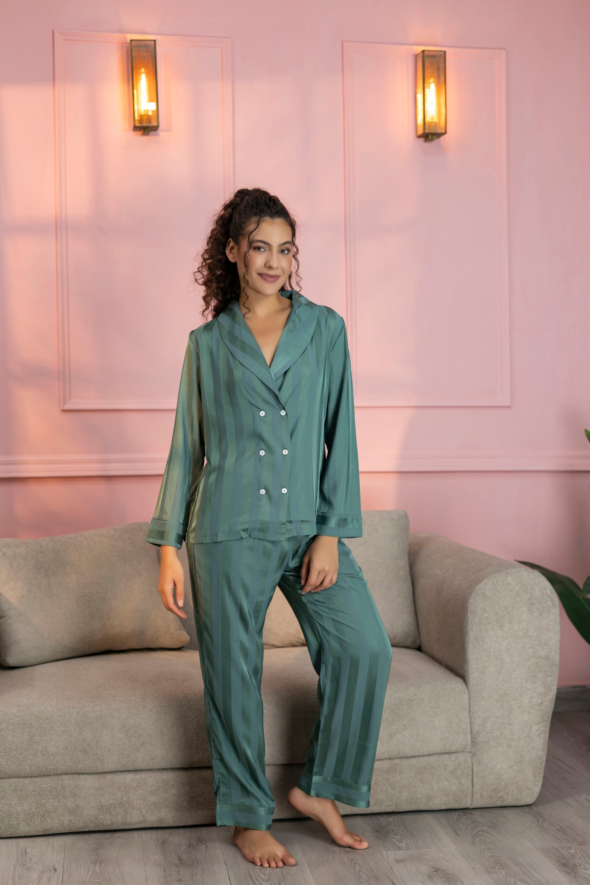 Striped Teal Green Satin Shirt & Pajama Set