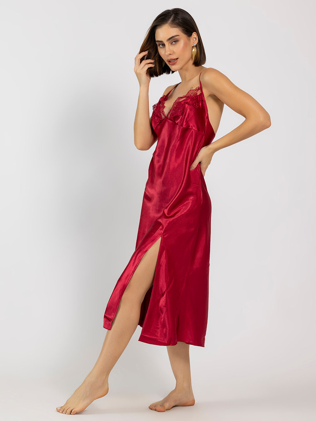 Satin Red Embroidered Midi Slip NightDress