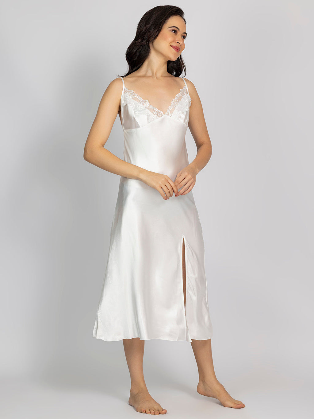 Satin Off White Embroidered Midi Slip NightDress