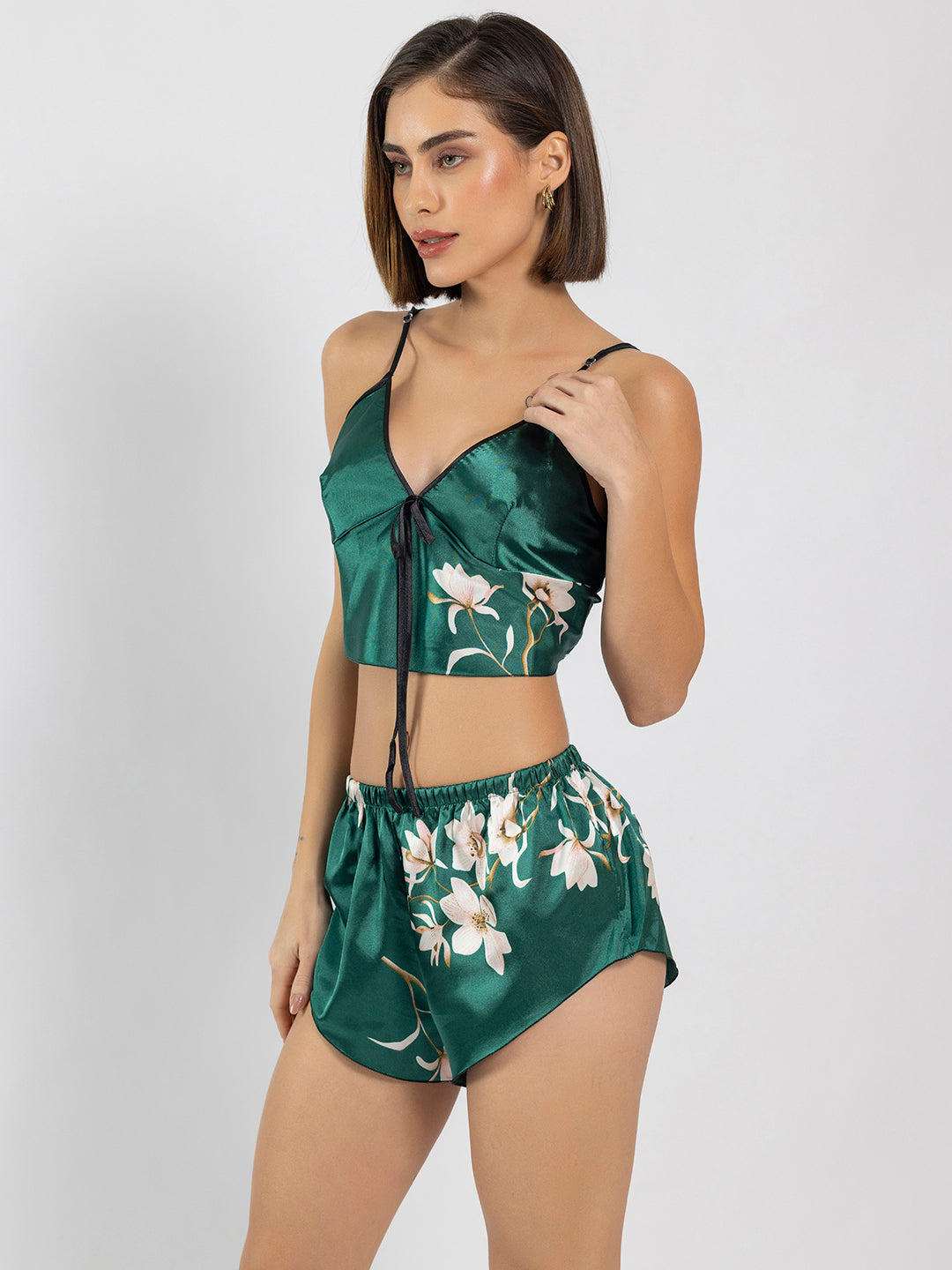 Bottle Green Floral Printed Satin Cami Top With Shorts