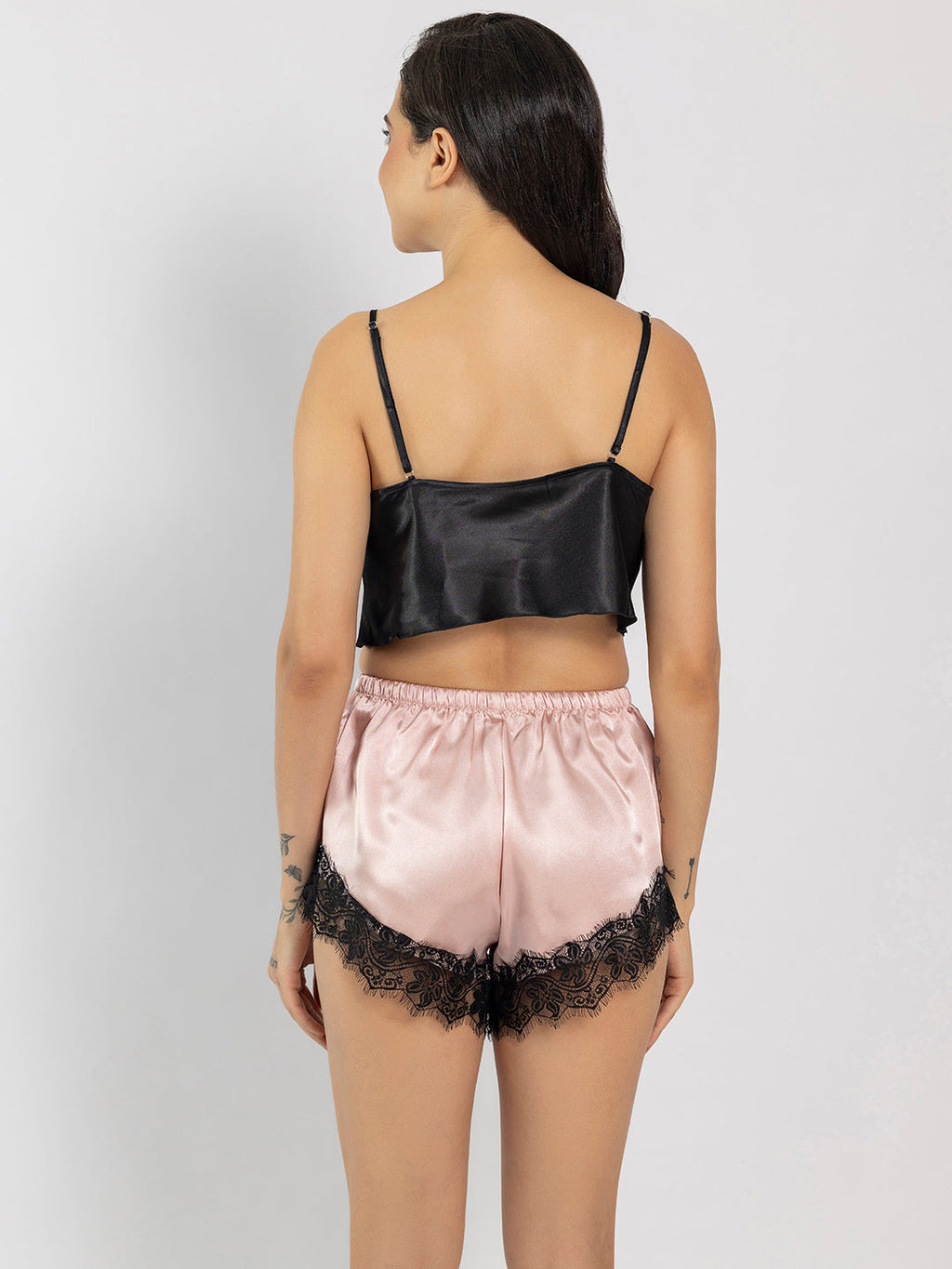 Women Black Satin Color Blocked Camisole & Shorts Set