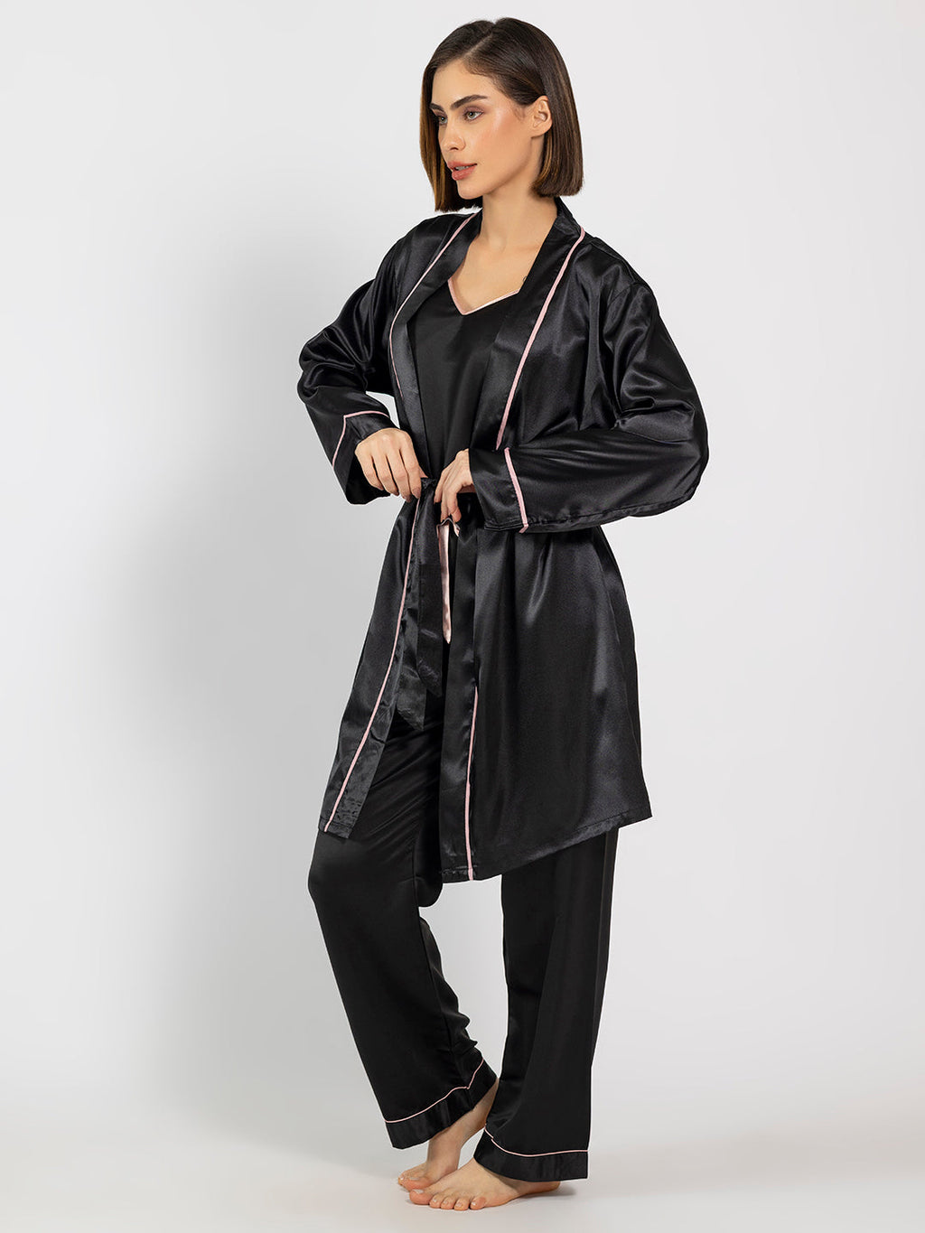Black Collared Satin Full Sleeves Robe