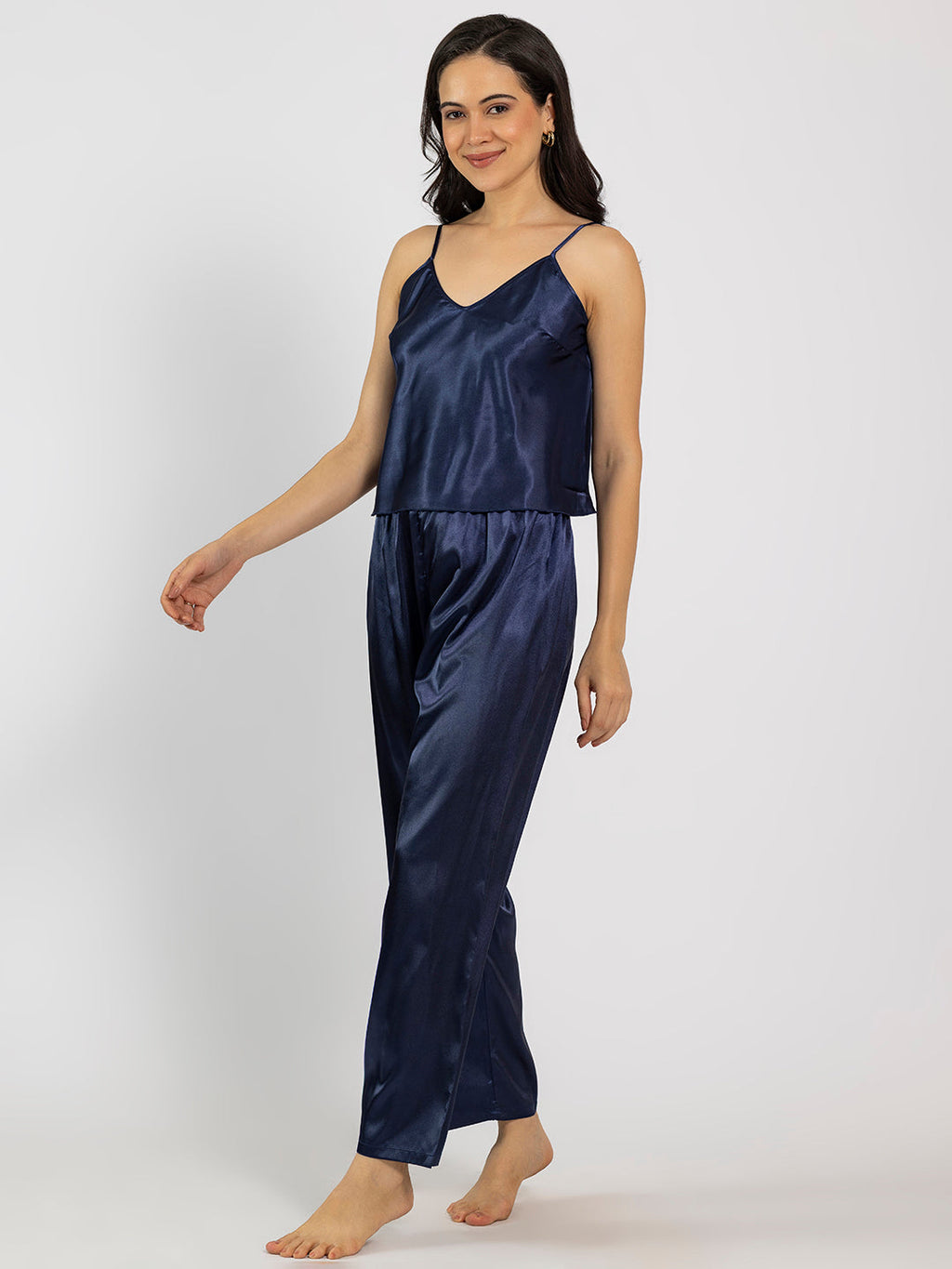 Navy Blue Satin Camisole & Pajama Set