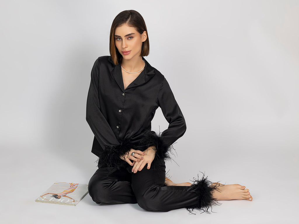 Satin Night Suit Set – Solid Shirt & Pajama With Elegant Fur