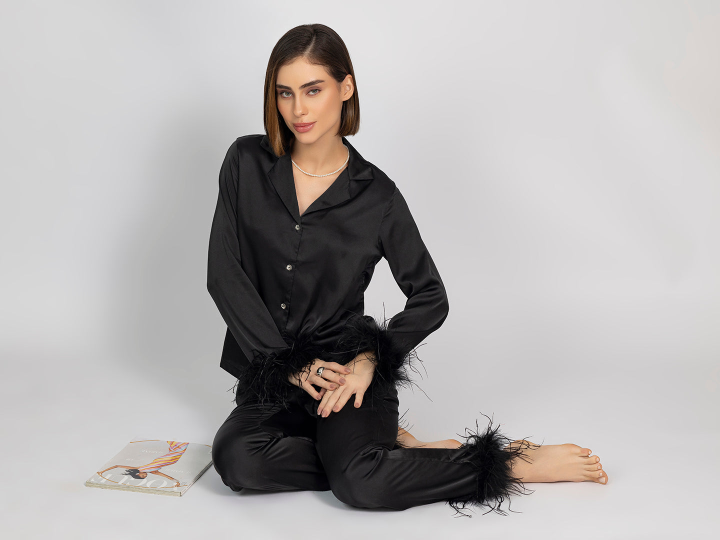 Satin Night Suit Set – Solid Shirt & Pajama With Elegant Fur