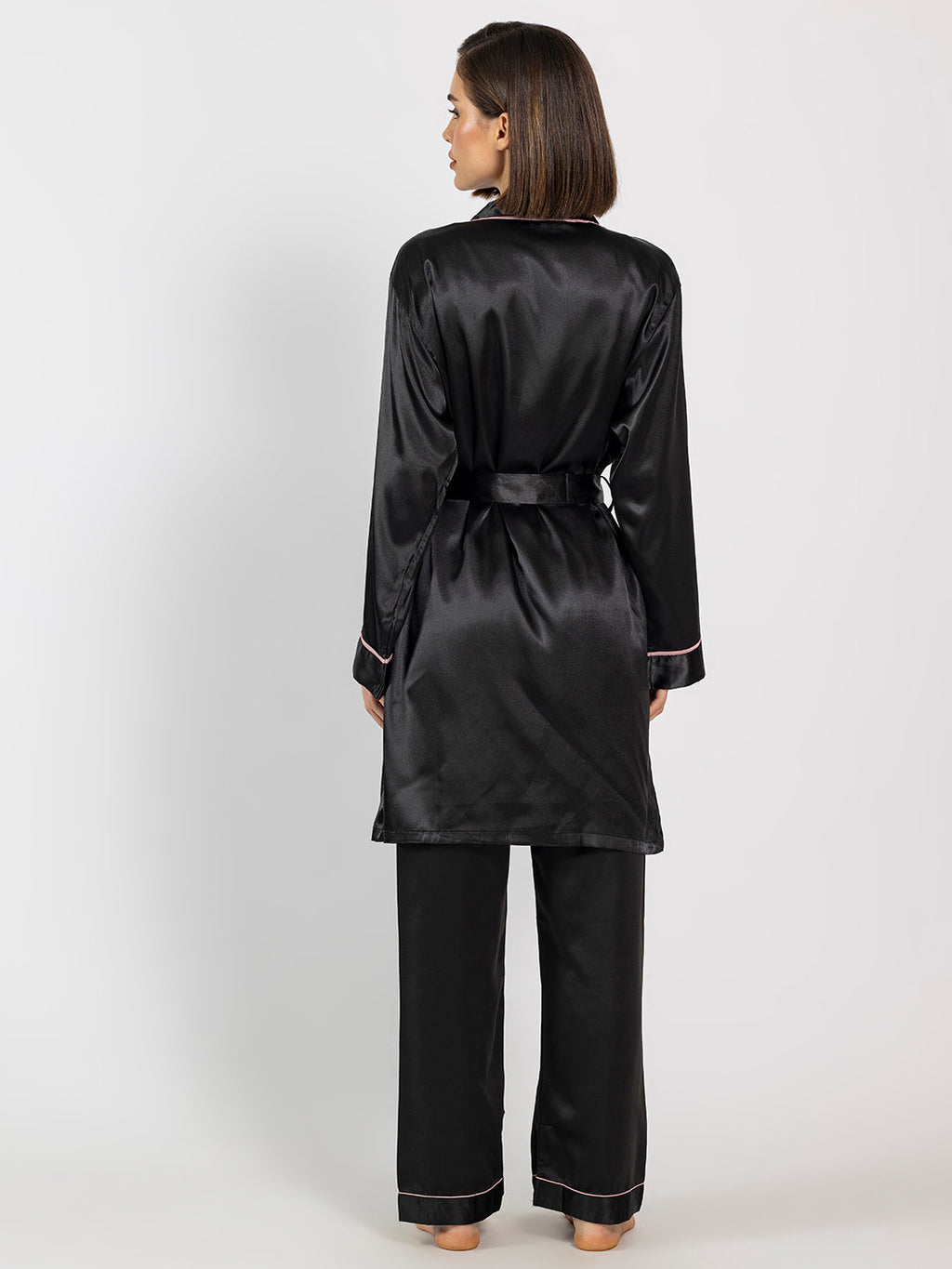 Black Collared Satin Full Sleeves Robe