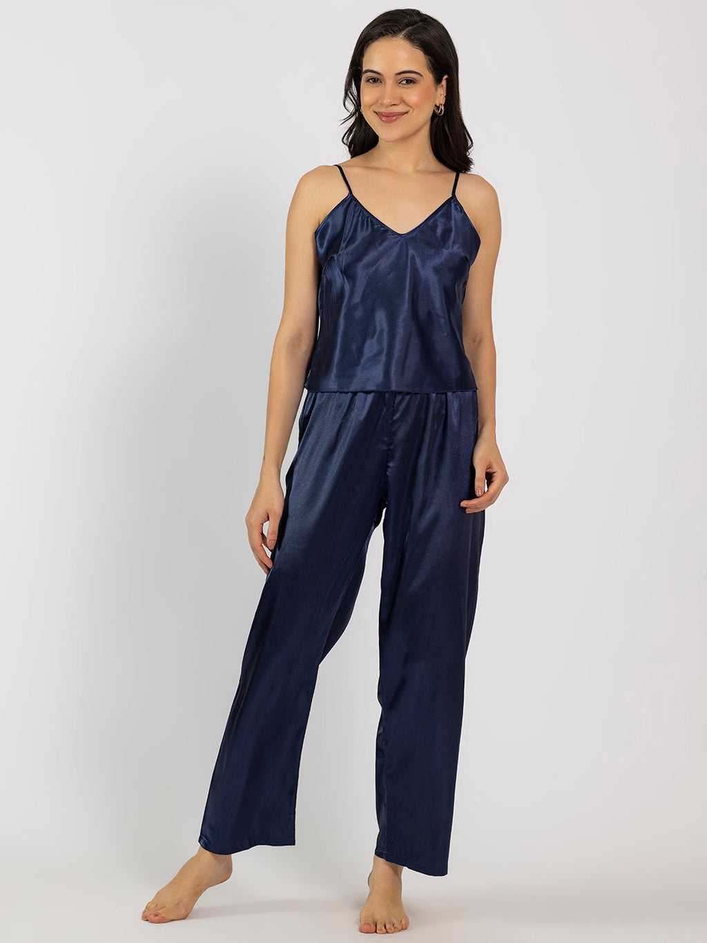 Navy Blue Satin Camisole & Pajama Set