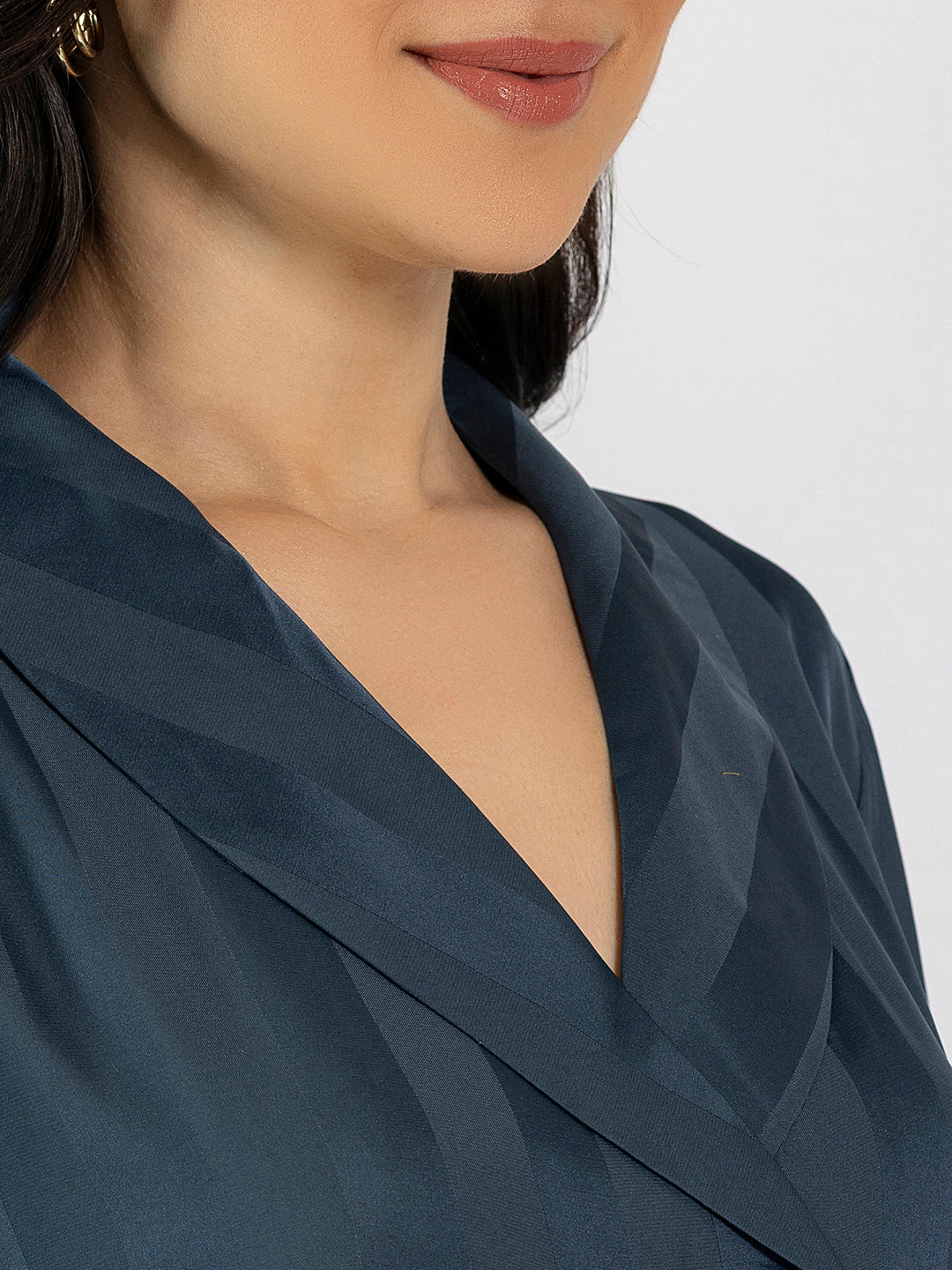 Striped Slate Blue Satin Shirt & Pajama Set
