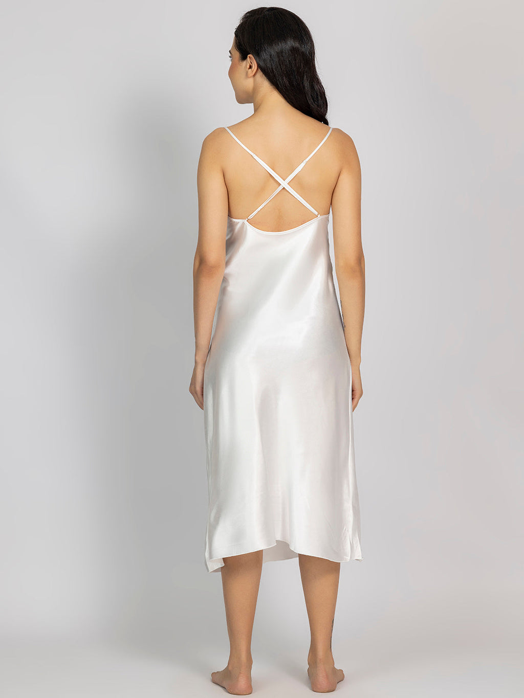 Satin Off White Embroidered Midi Slip NightDress