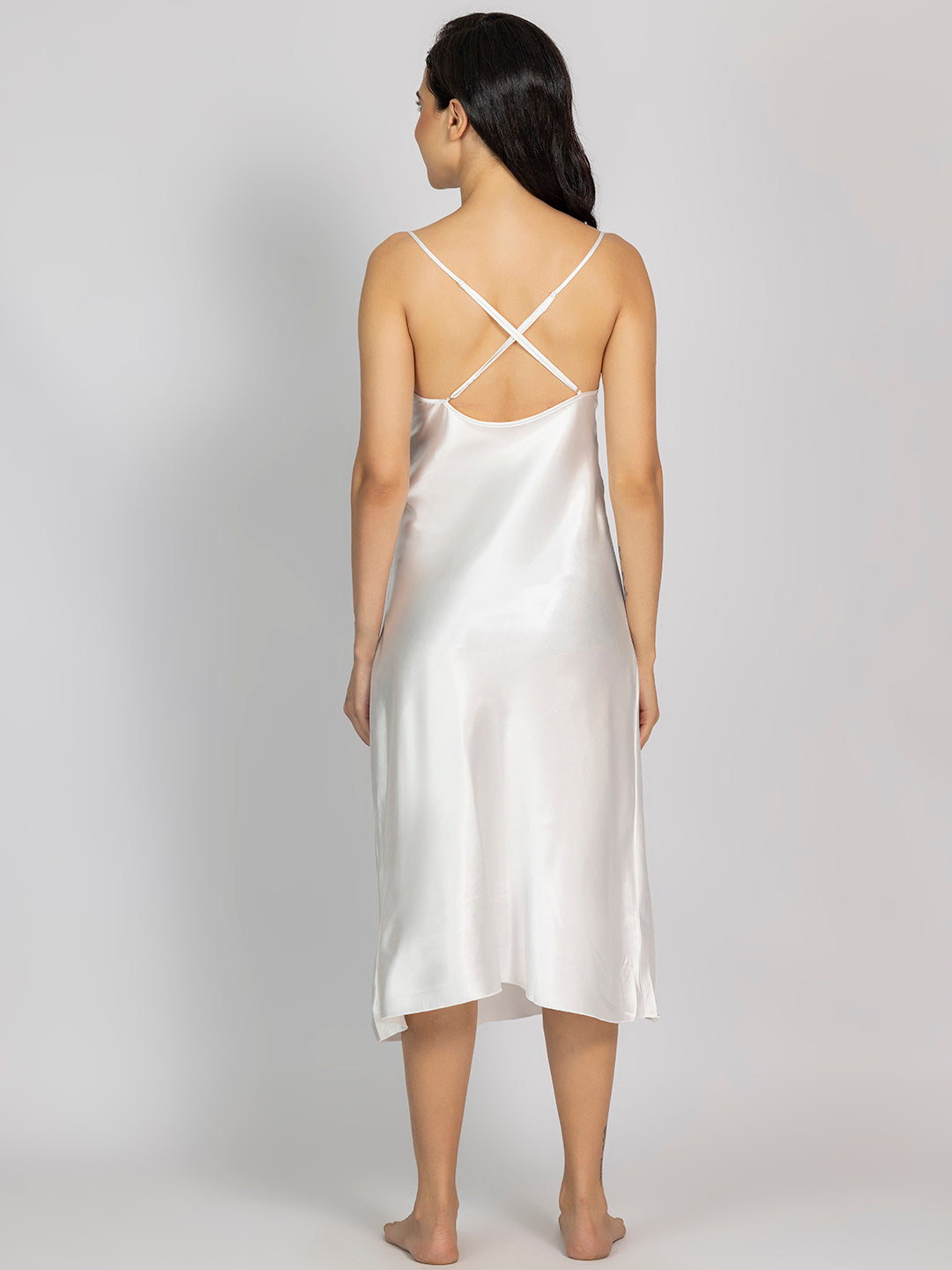 Satin Off White Embroidered Midi Slip NightDress