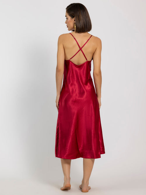 Satin Red Embroidered Midi Slip NightDress