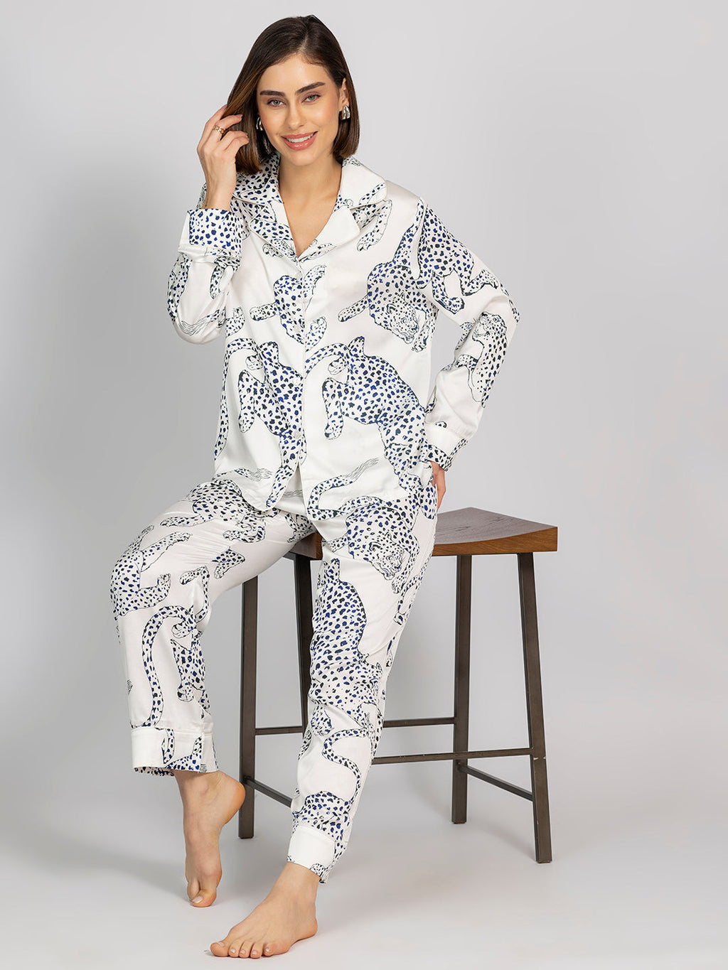 White Animal Printed Satin Shirt & Pajama Set