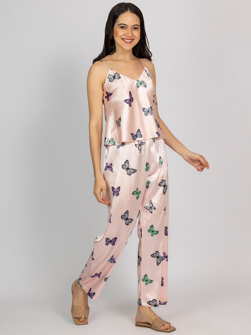 Light Pink Satin Butterfly Print Camisole & Pajama Set