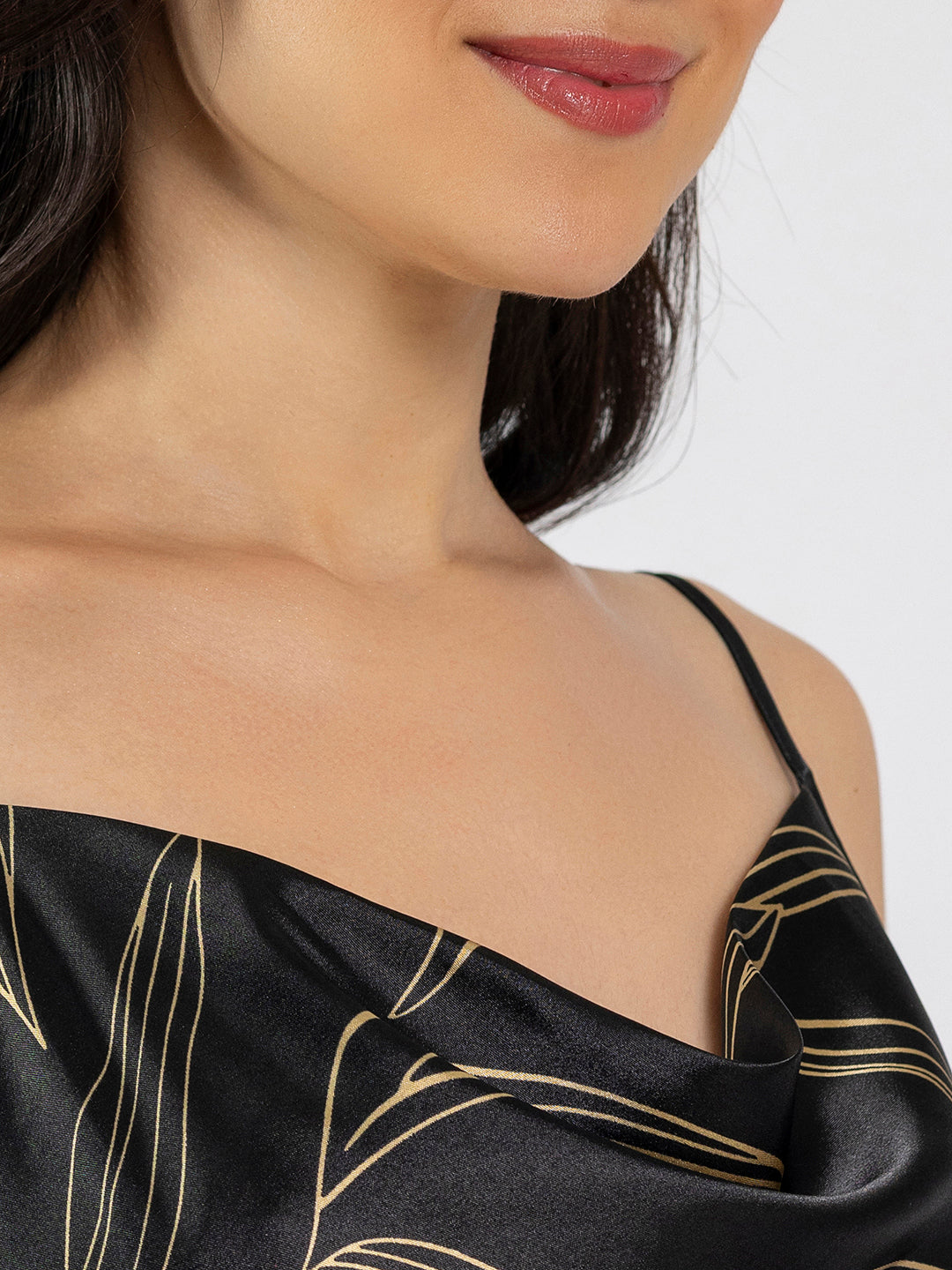 Black Floral Satin Cowl Neck Short Night Dress