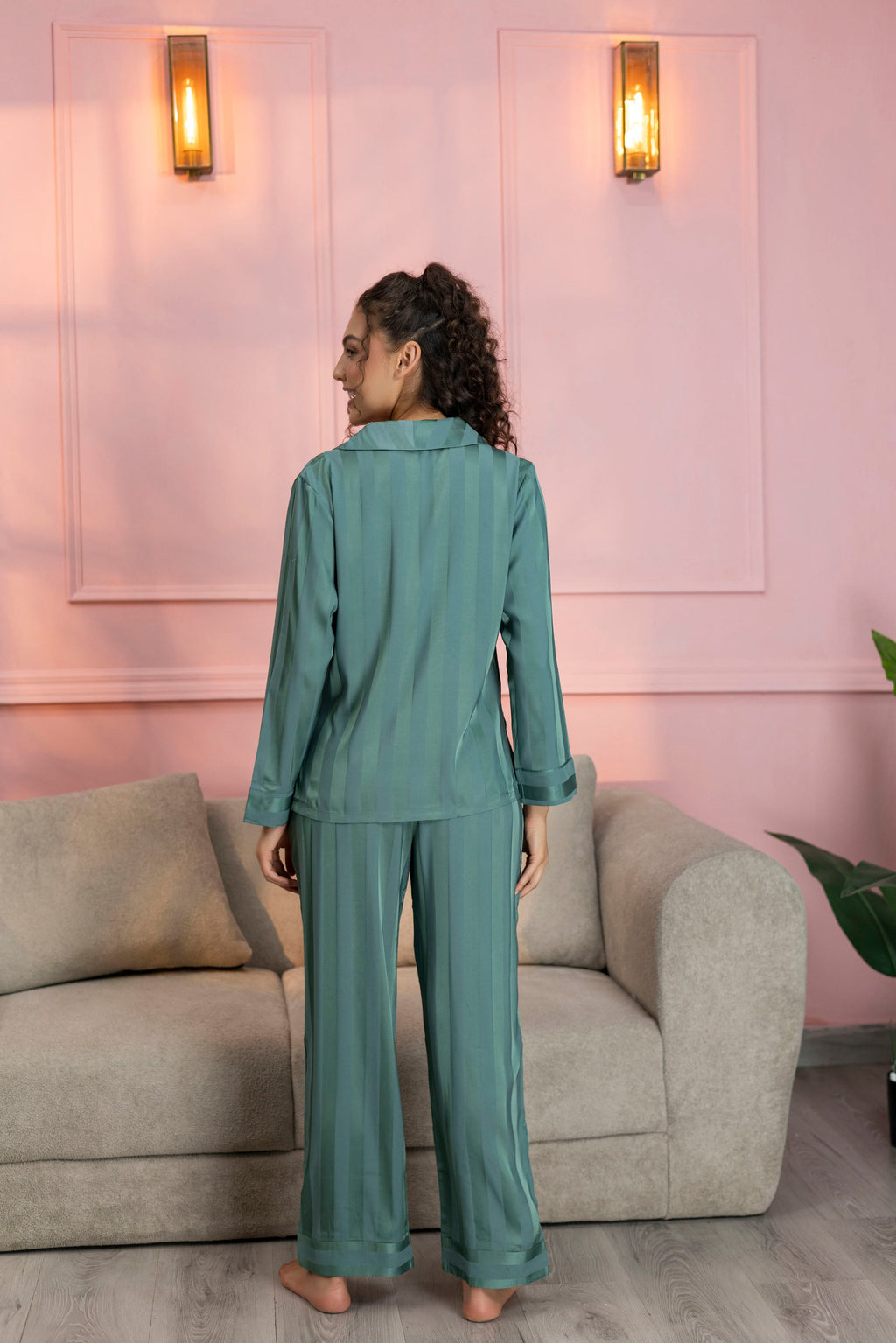 Striped Teal Green Satin Shirt & Pajama Set