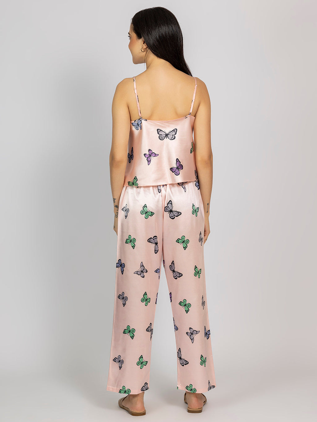 Light Pink Satin Butterfly Print Camisole & Pajama Set