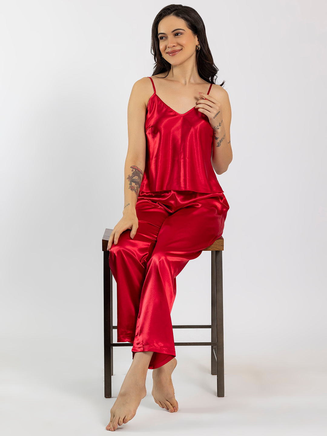 CHELVET Red Satin Camisole & Pajama Set