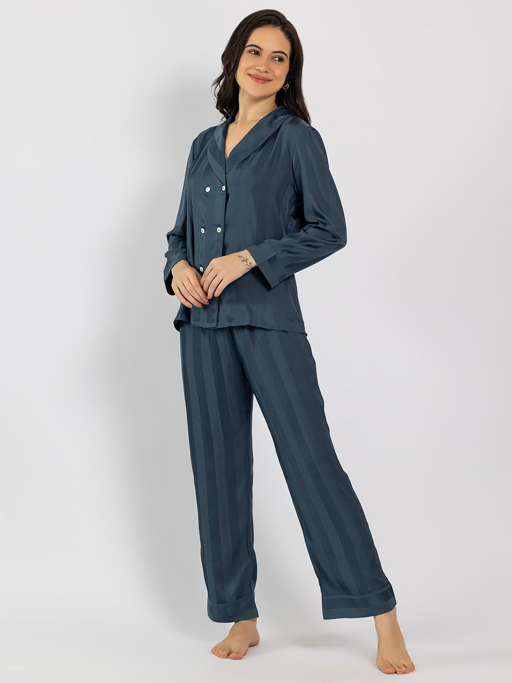 Striped Slate Blue Satin Shirt & Pajama Set