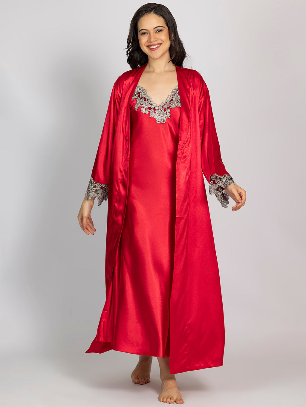 Red Maxi Night Dress with Full-Sleeve Robe