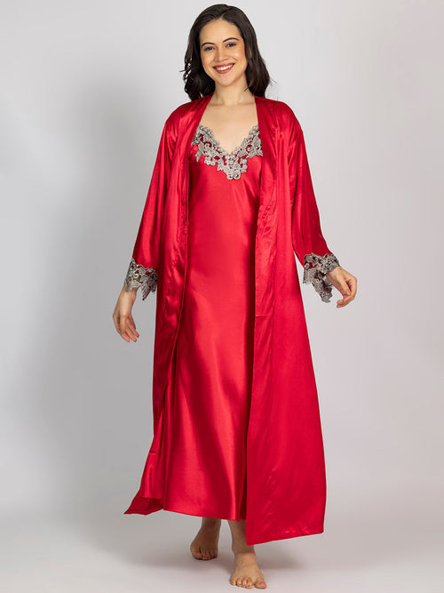 Red Maxi Night Dress with Full-Sleeve Robe