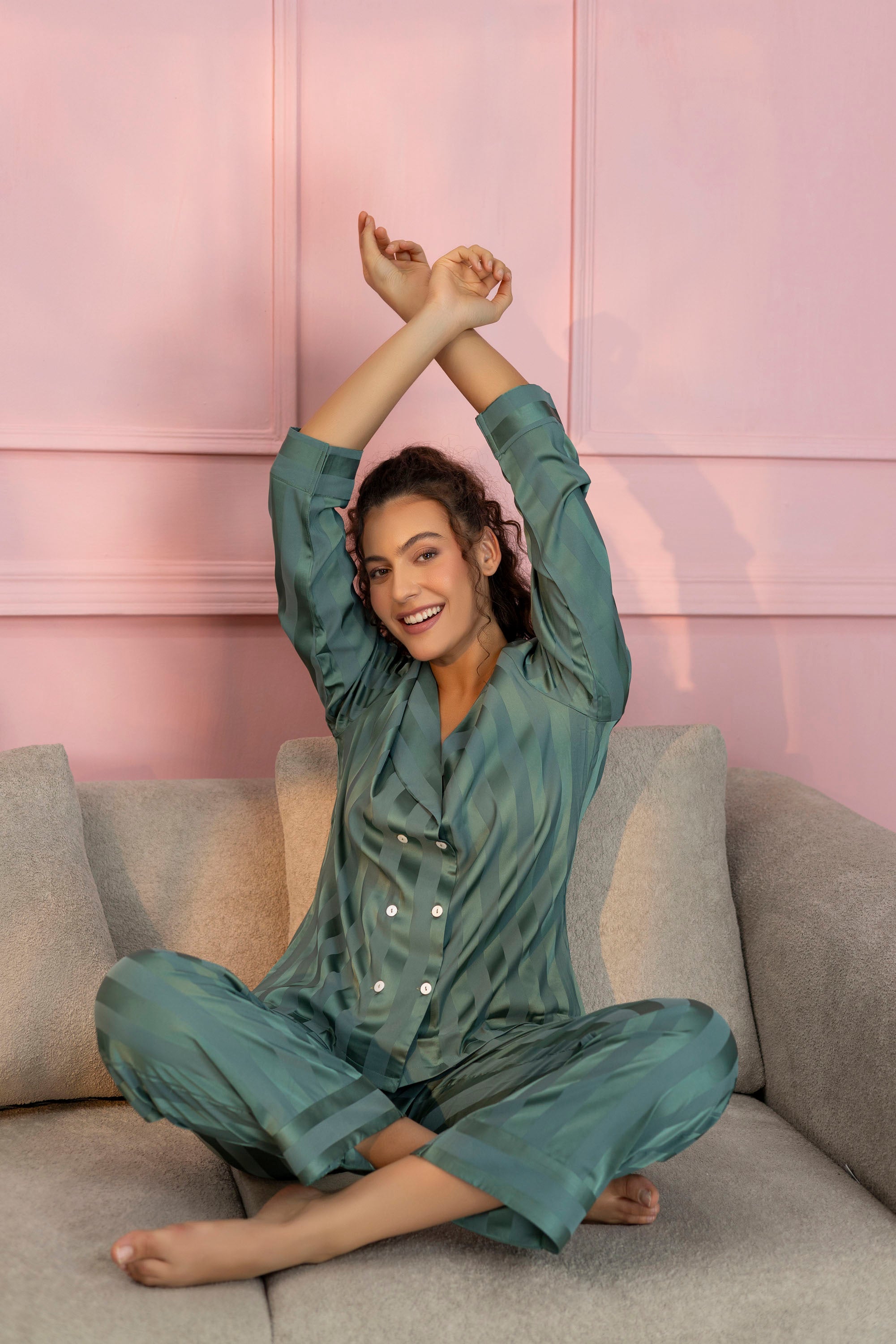 Striped Teal Green Satin Shirt & Pajama Set