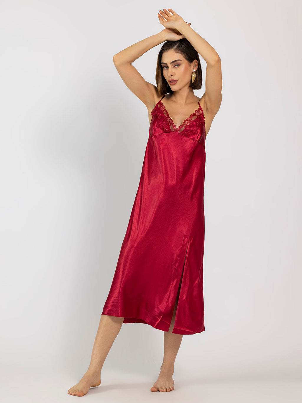 Satin Red Embroidered Midi Slip NightDress