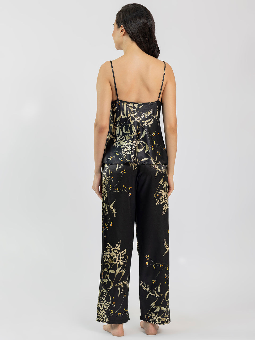 Black Satin Printed Camisole & Pajama Set