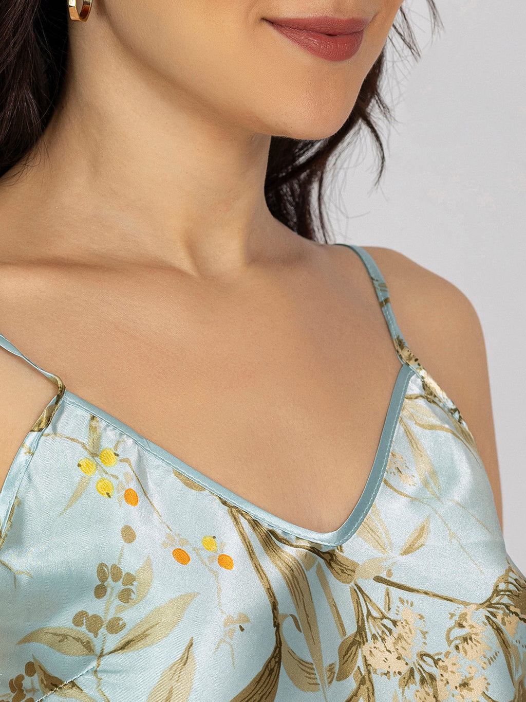 Women Light Blue Floral Satin Camisole & Shorts Set with Pouch