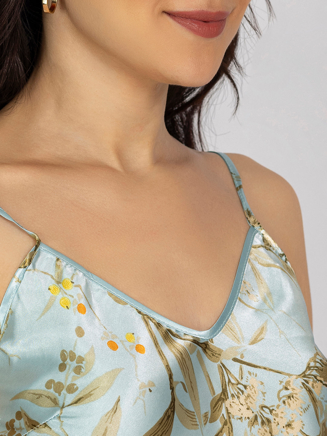 Women Light Blue Floral Satin Camisole & Shorts Set with Pouch