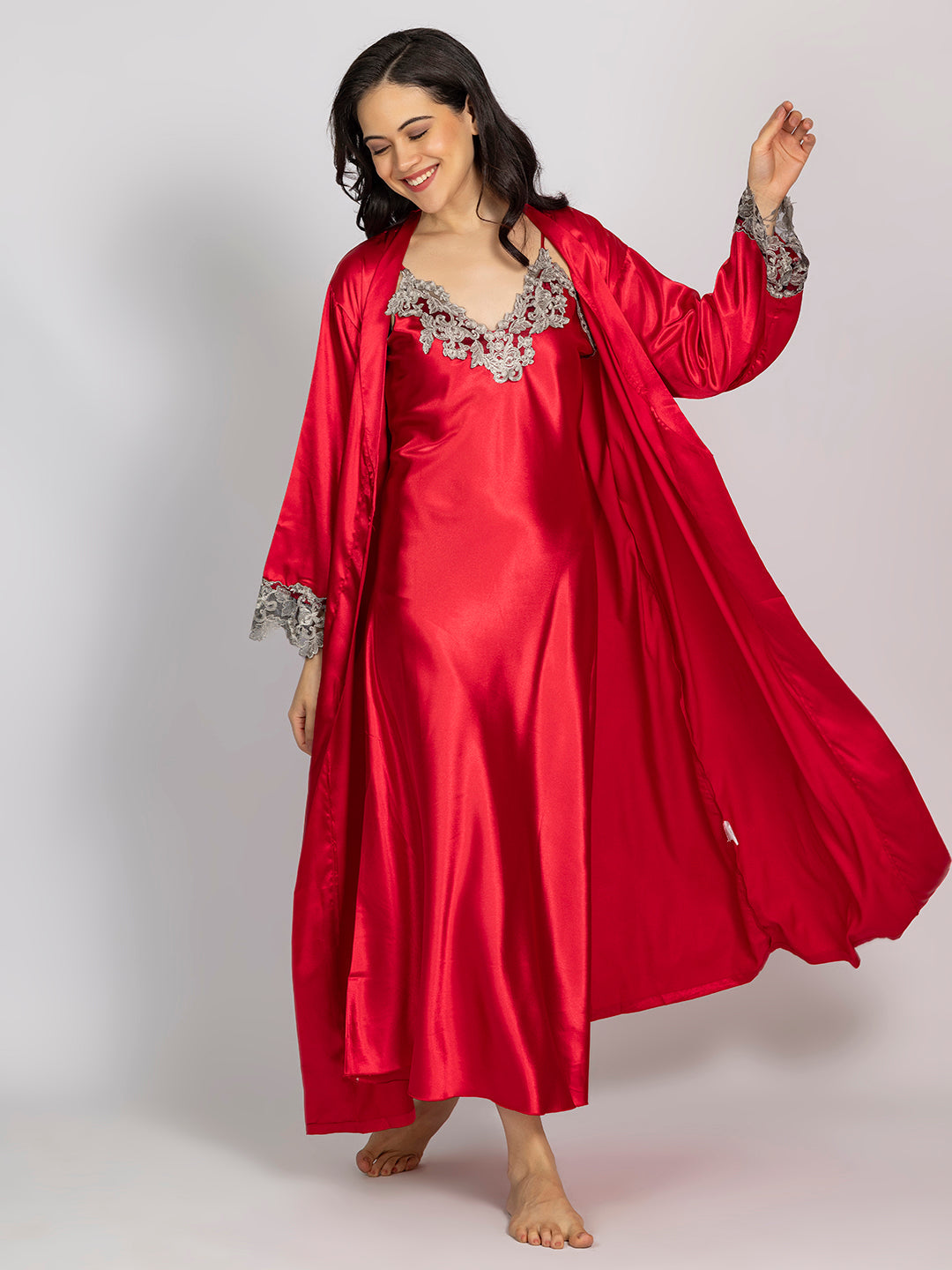 Red Maxi Night Dress with Full-Sleeve Robe