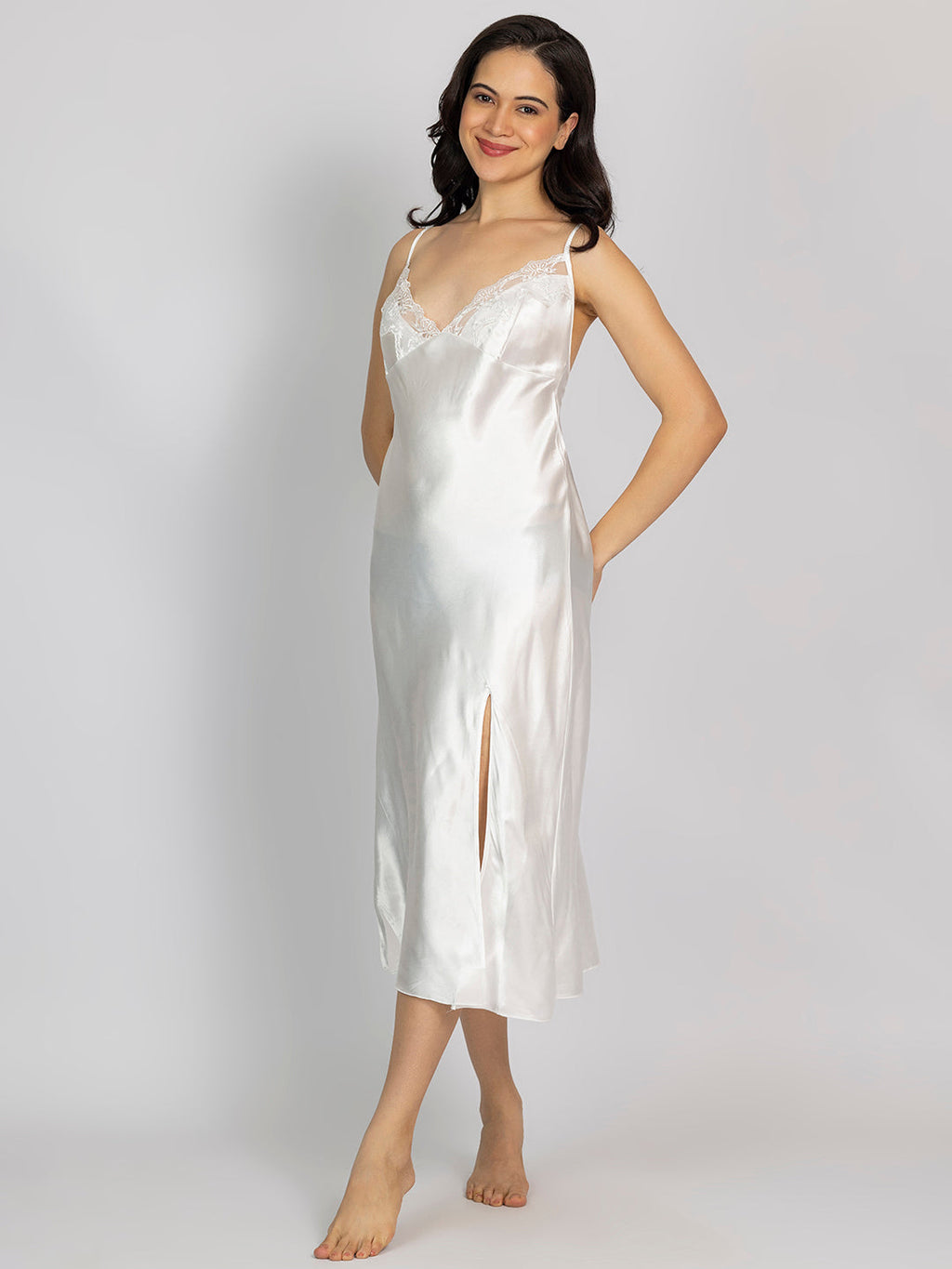 Satin Off White Embroidered Midi Slip NightDress