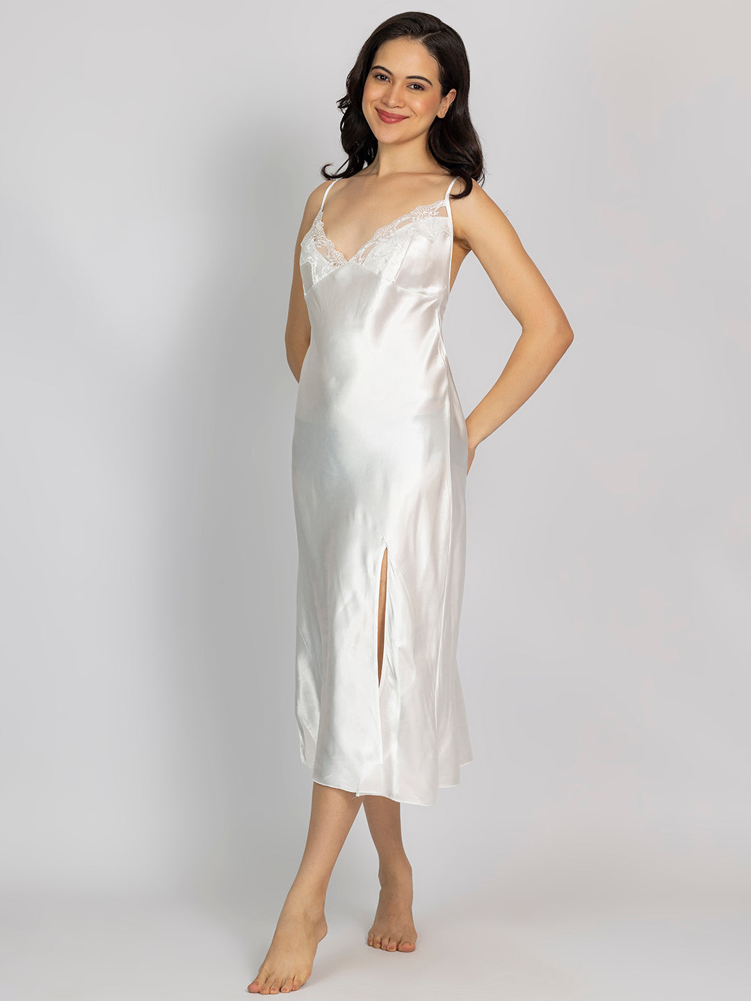Satin Off White Embroidered Midi Slip NightDress