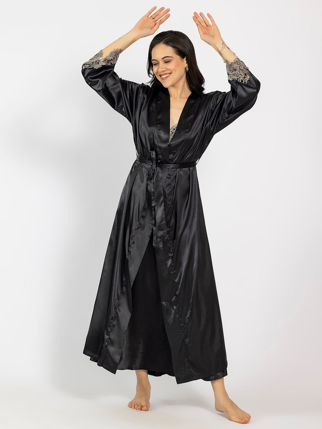 Black Maxi Night Dress with Full-Sleeve Robe
