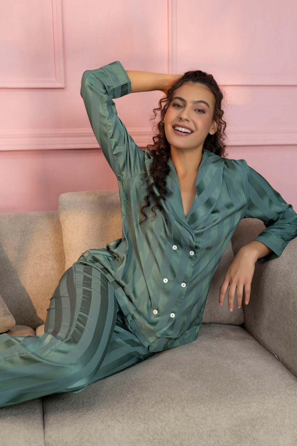 Striped Teal Green Satin Shirt & Pajama Set
