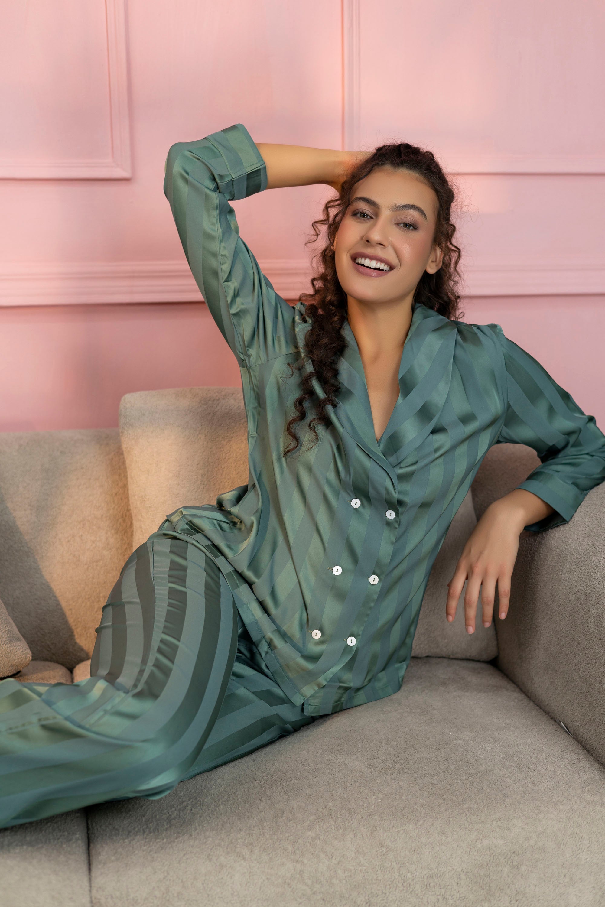Striped Teal Green Satin Shirt & Pajama Set
