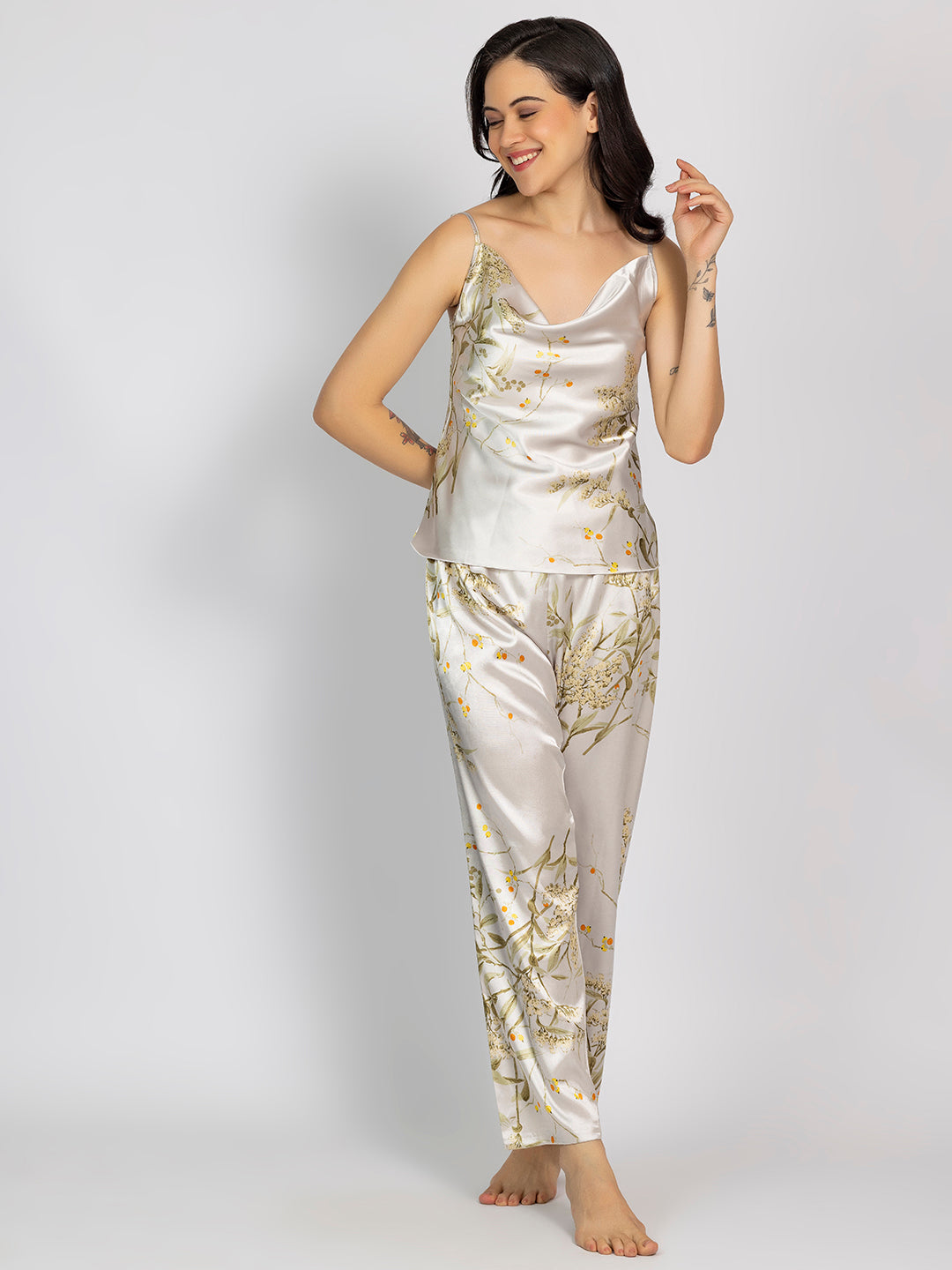 Grey Satin Printed Camisole & Pajama Set