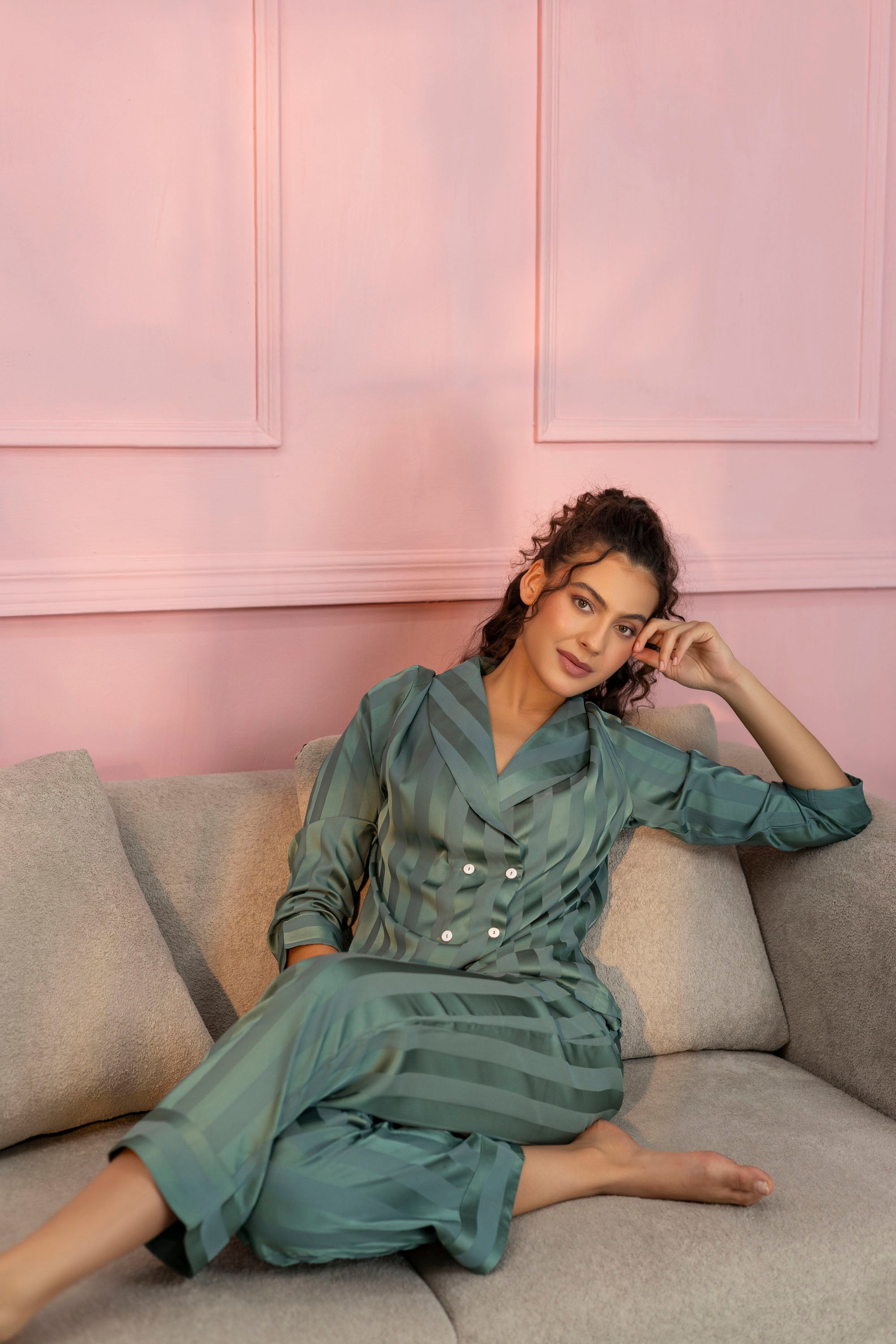 Striped Teal Green Satin Shirt & Pajama Set